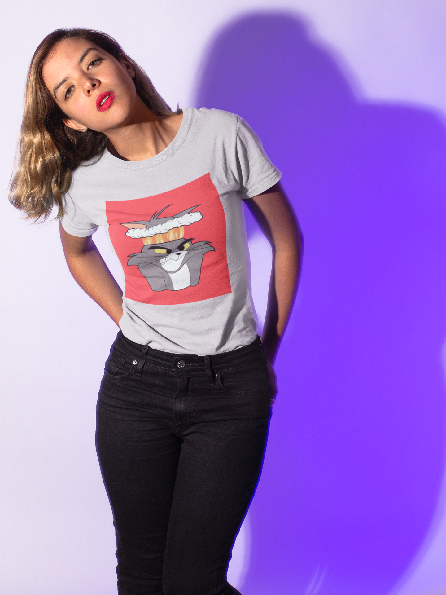 a picture of a woman wearing a grey Tom and Gerry cartoon  t - shirt 