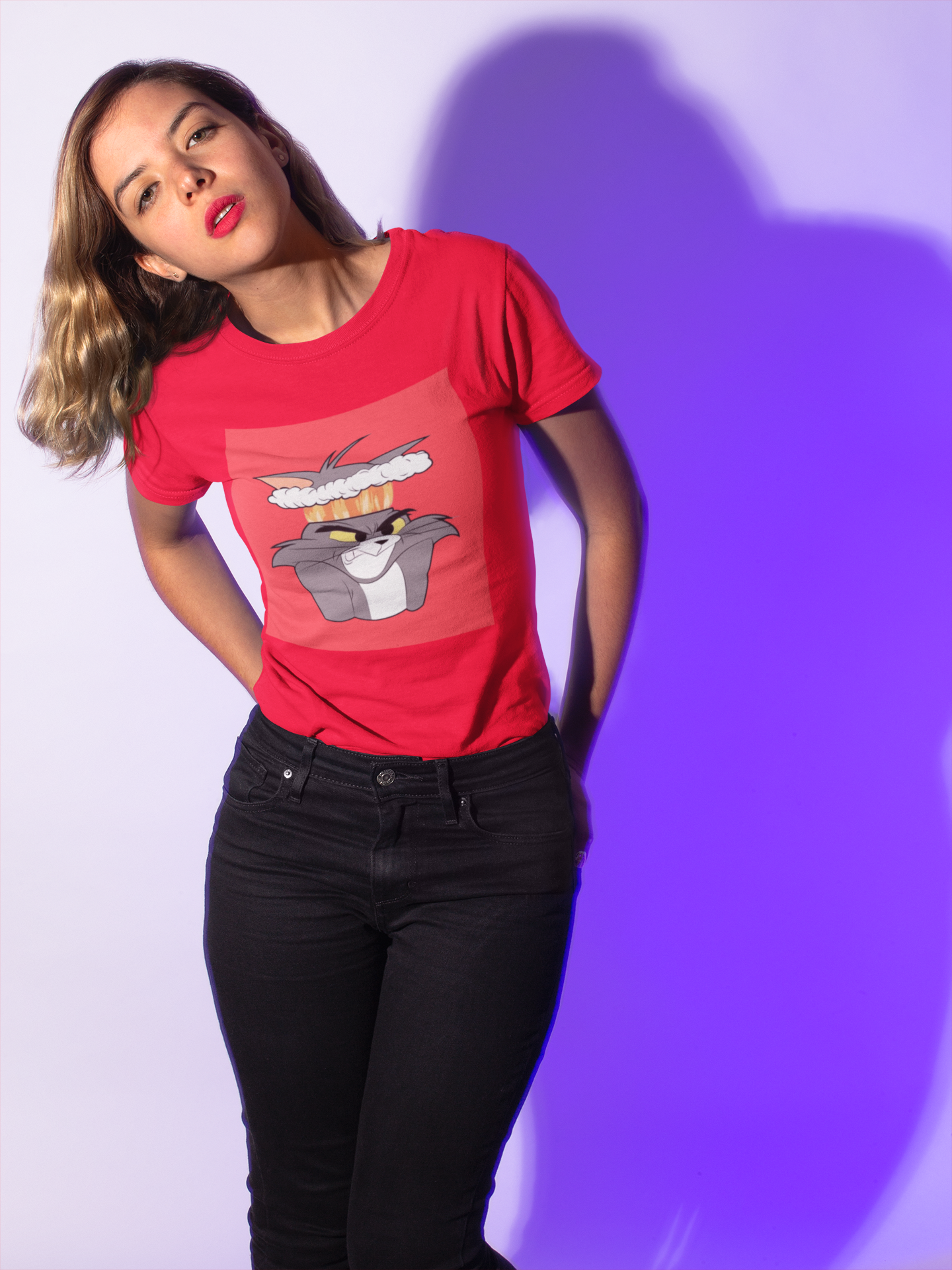 a picture of a woman wearing a red Tom and Gerry cartoon  t - shirt 