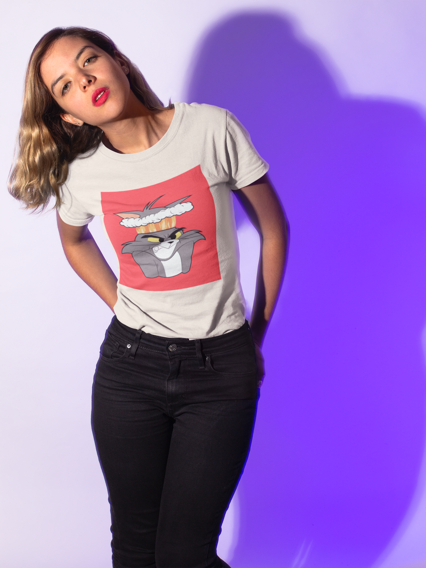 a picture of a woman wearing a white Tom and Gerry cartoon  t - shirt 