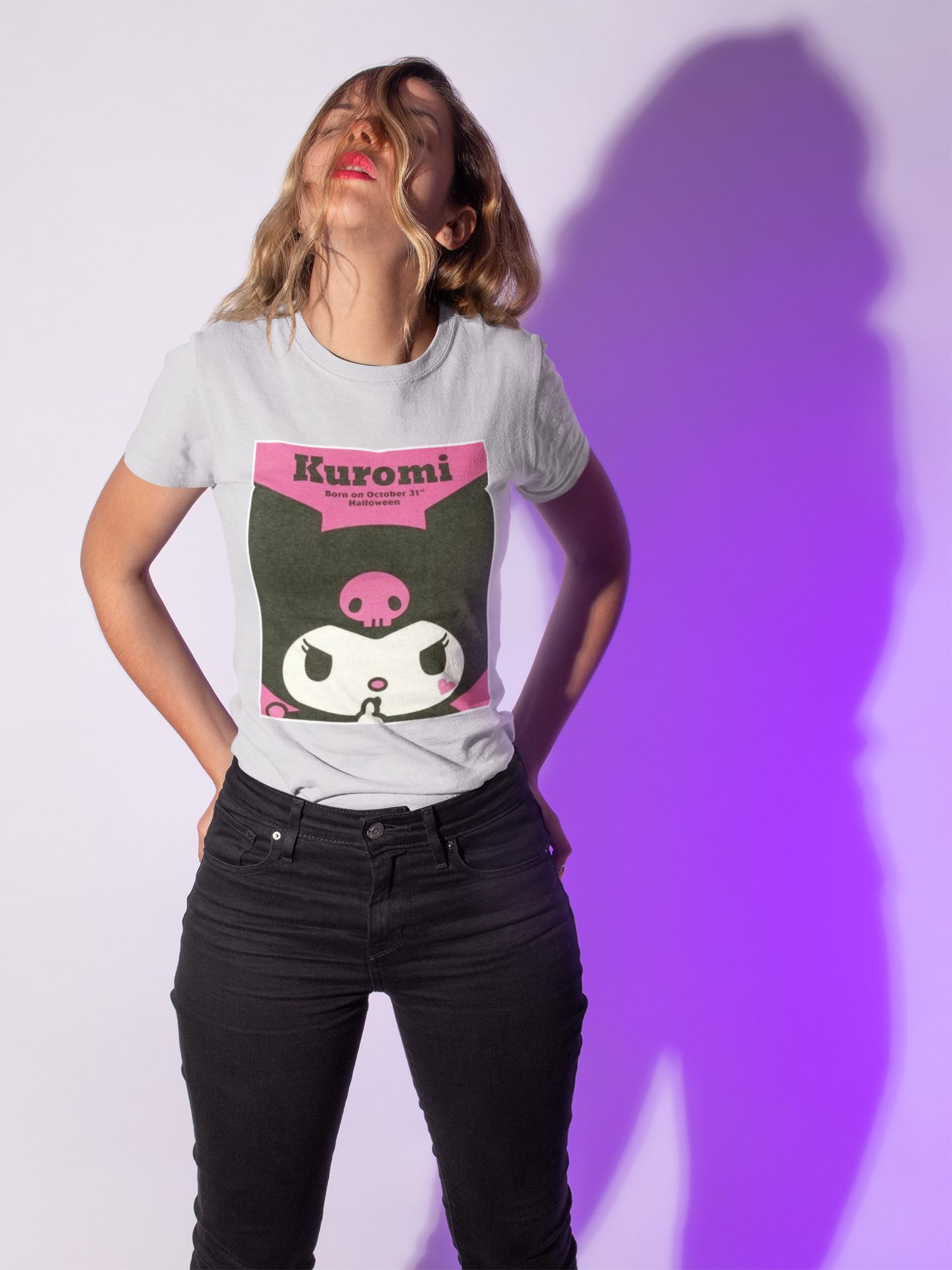 a woman wearing a white Kuromi Hello Kitty T-shirt