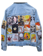 Light blue denim jacket with tarot card designs on a white background
