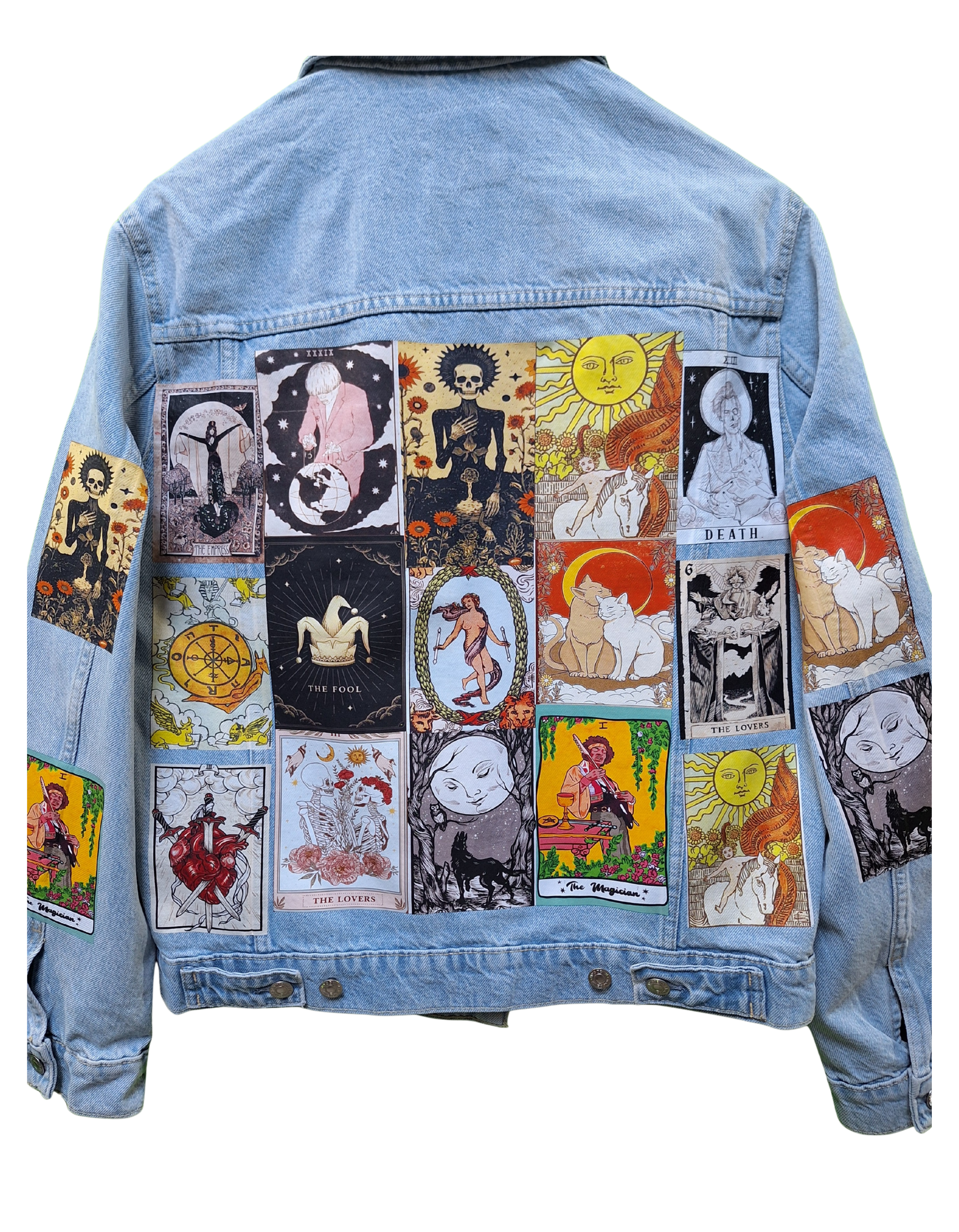 Light blue denim jacket with tarot card designs on a white background