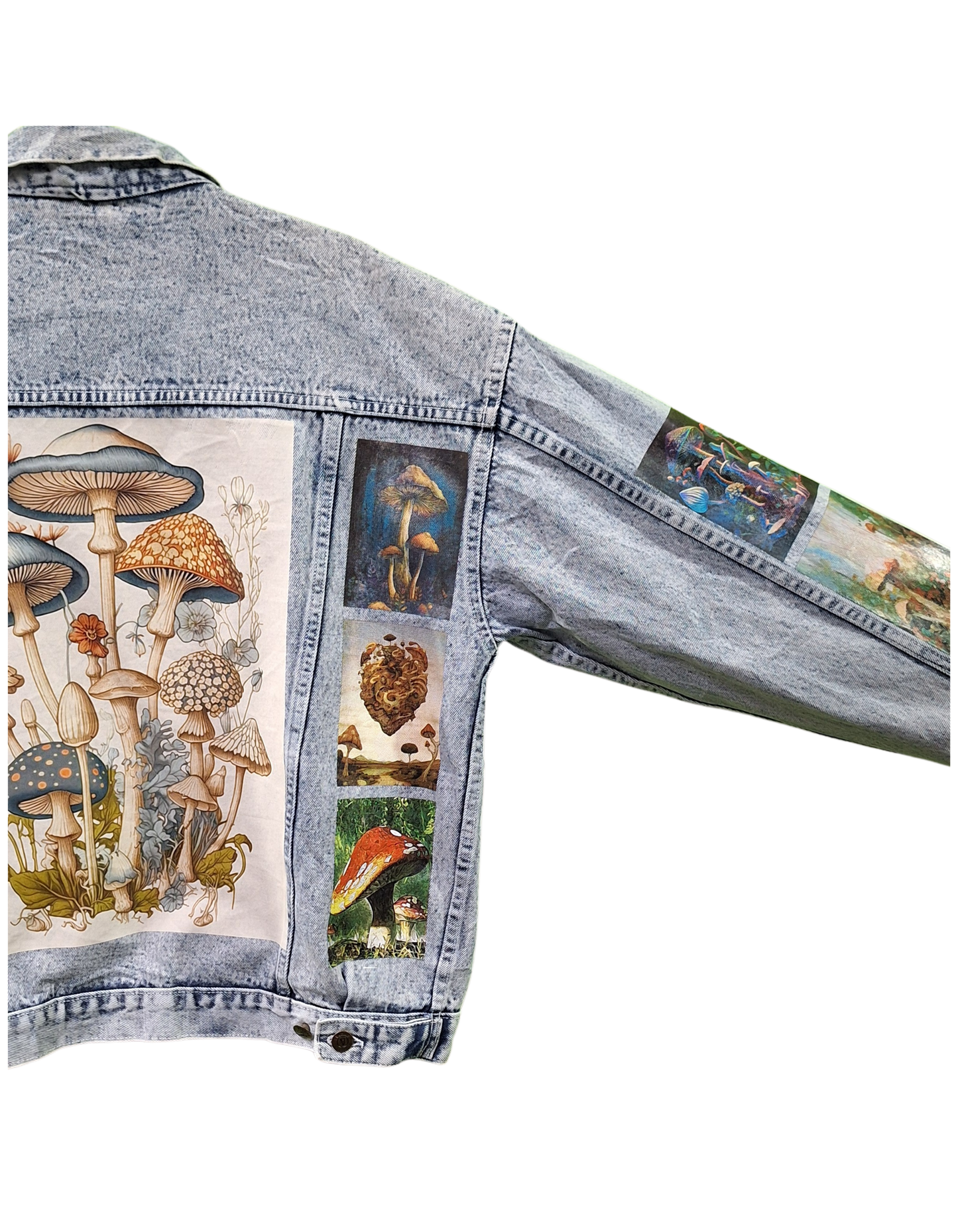 Denim jacket with mushroom and fairy design on a white background