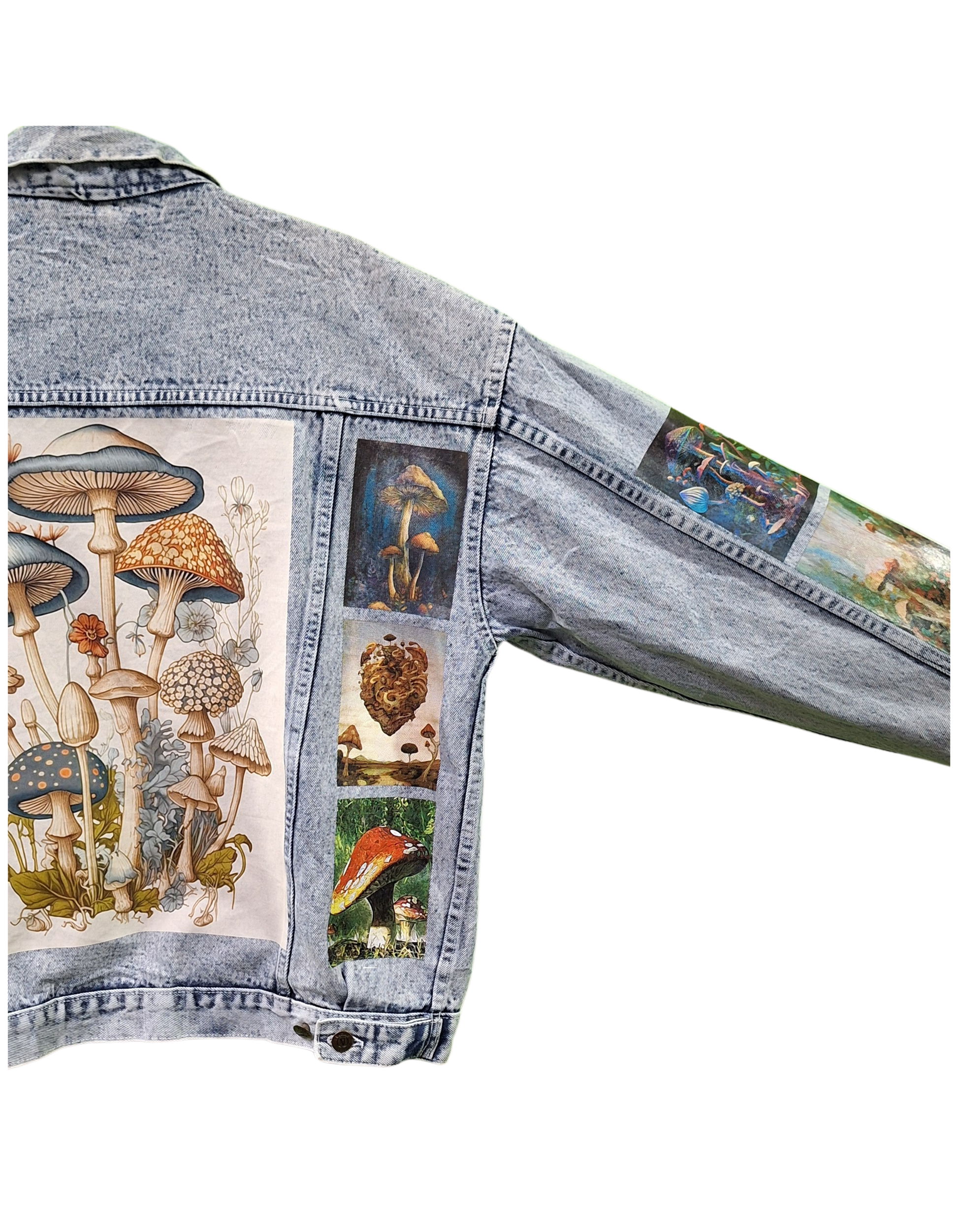 Denim jacket with mushroom and fairy design on a white background