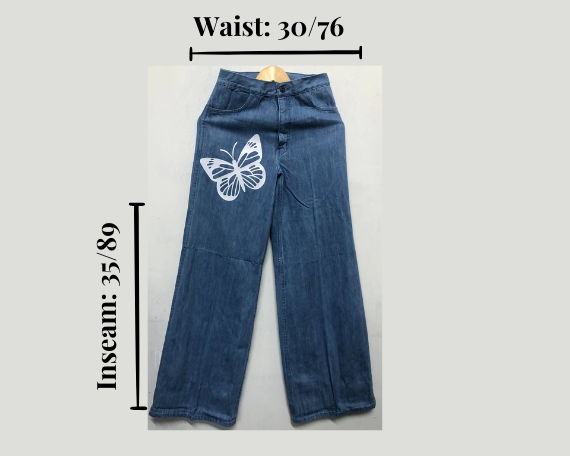 Customized Wide-Leg Denim Jeans with Butterfly and Graffiti Print – Trendy, Artistic, and Comfortable