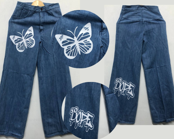 Customized Wide-Leg Denim Jeans with Butterfly and Graffiti Print – Trendy, Artistic, and Comfortable