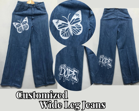 Customized Wide-Leg Denim Jeans with Butterfly and Graffiti Print – Trendy, Artistic, and Comfortable