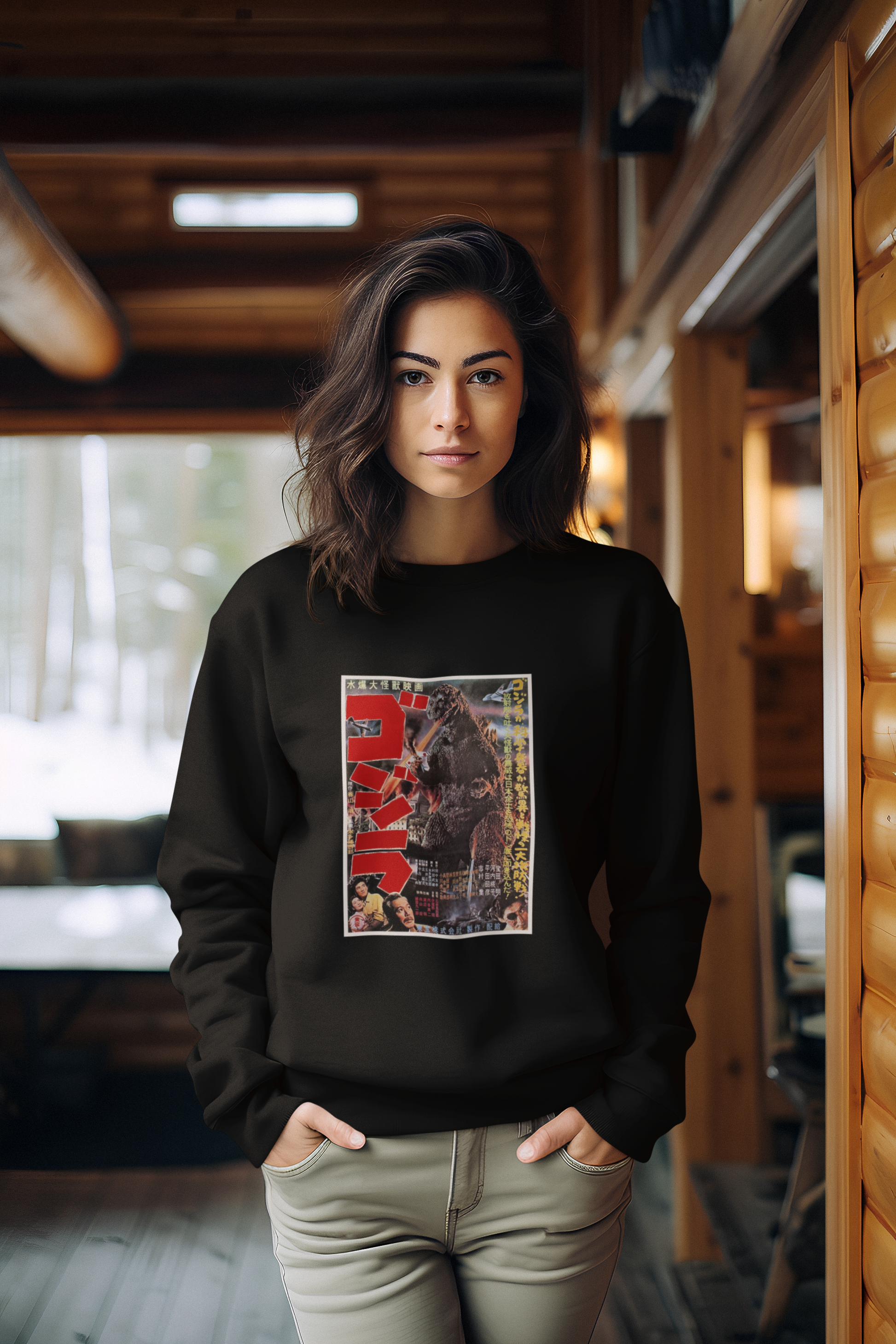 a picture of a woman wearing a black japanese godzilla  sweatshirt