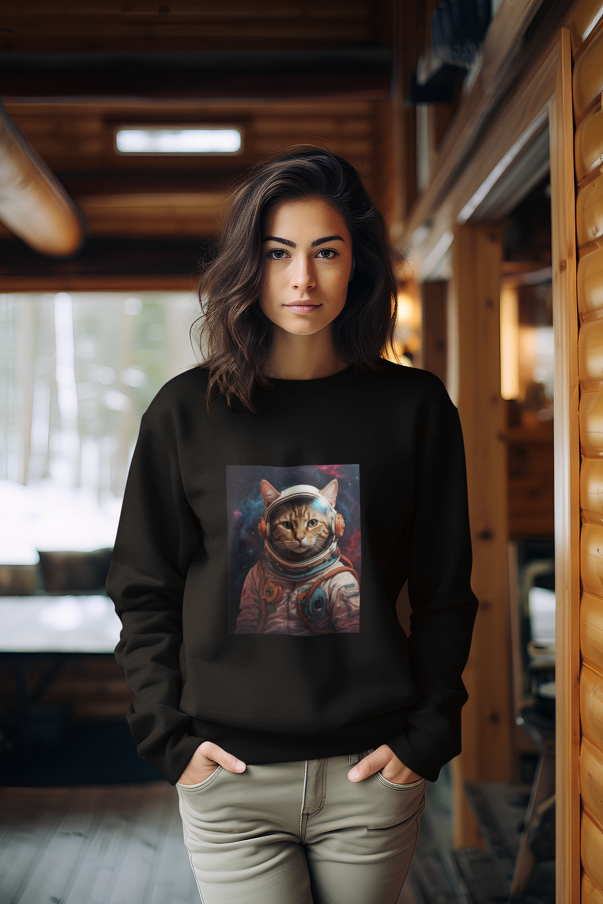 a woman wearing a black space cat sweatshirt