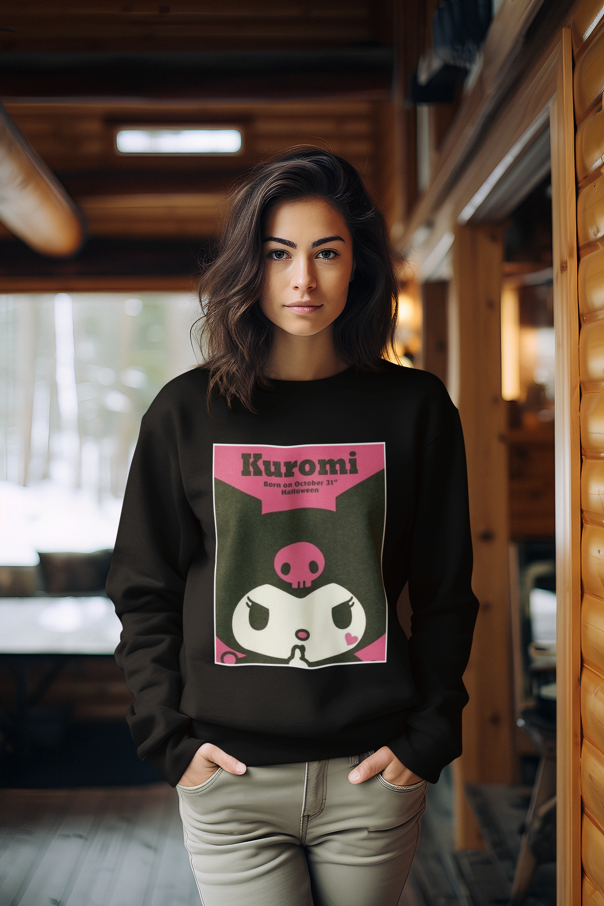 a woman wearing a black Karumi hello kitty sweatshirt