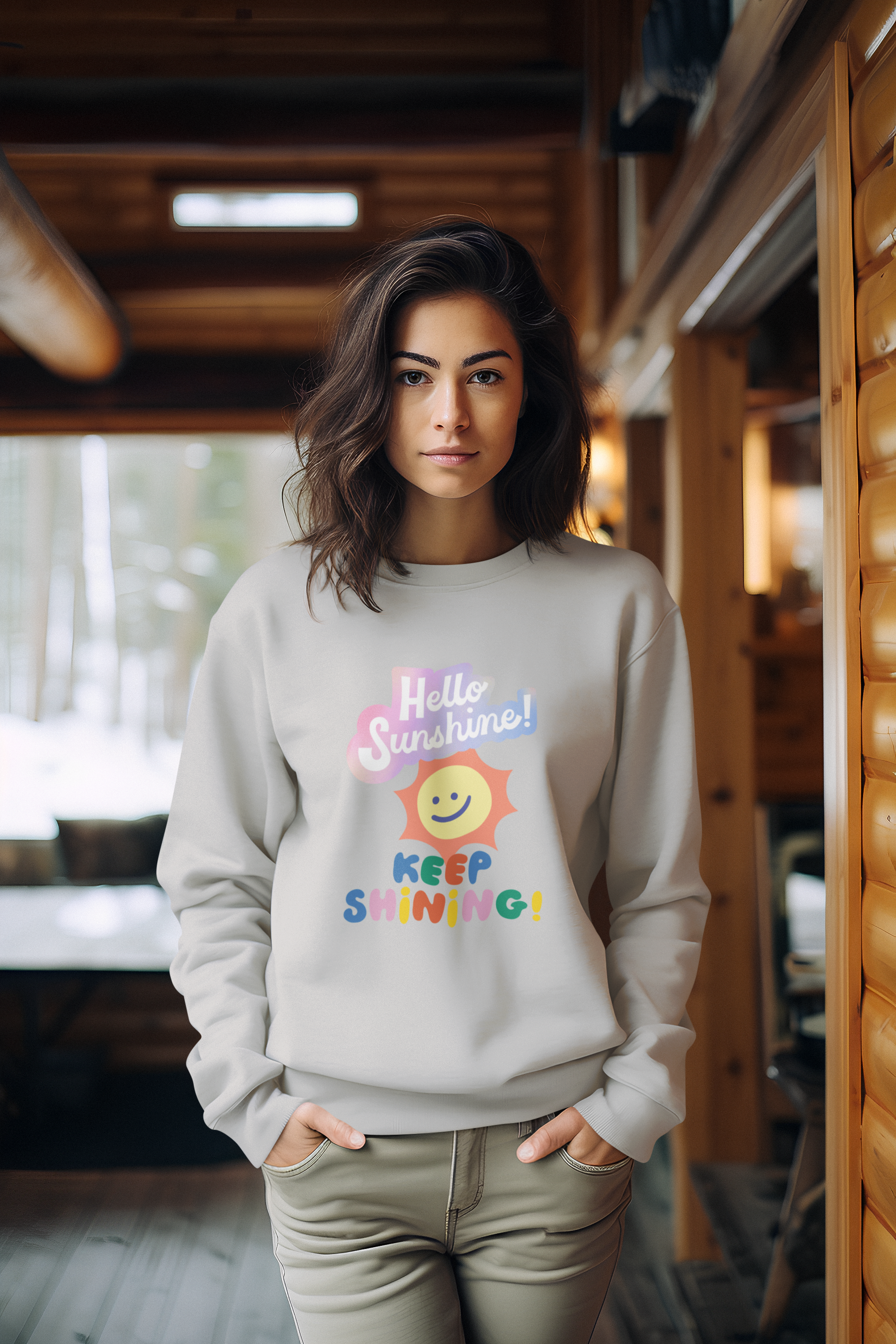 a woman wearing a grey letter and expression sweatshirt