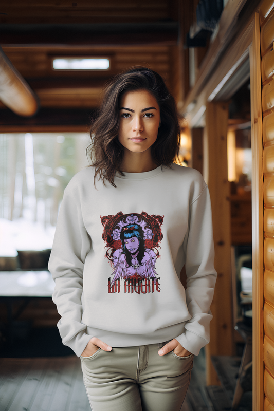 a woman wearing a grey La Muerte sweatshirt