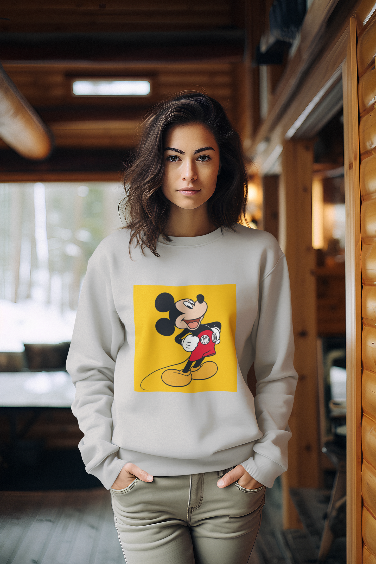 a woman wearing a grey mickey mouse  sweatshirt