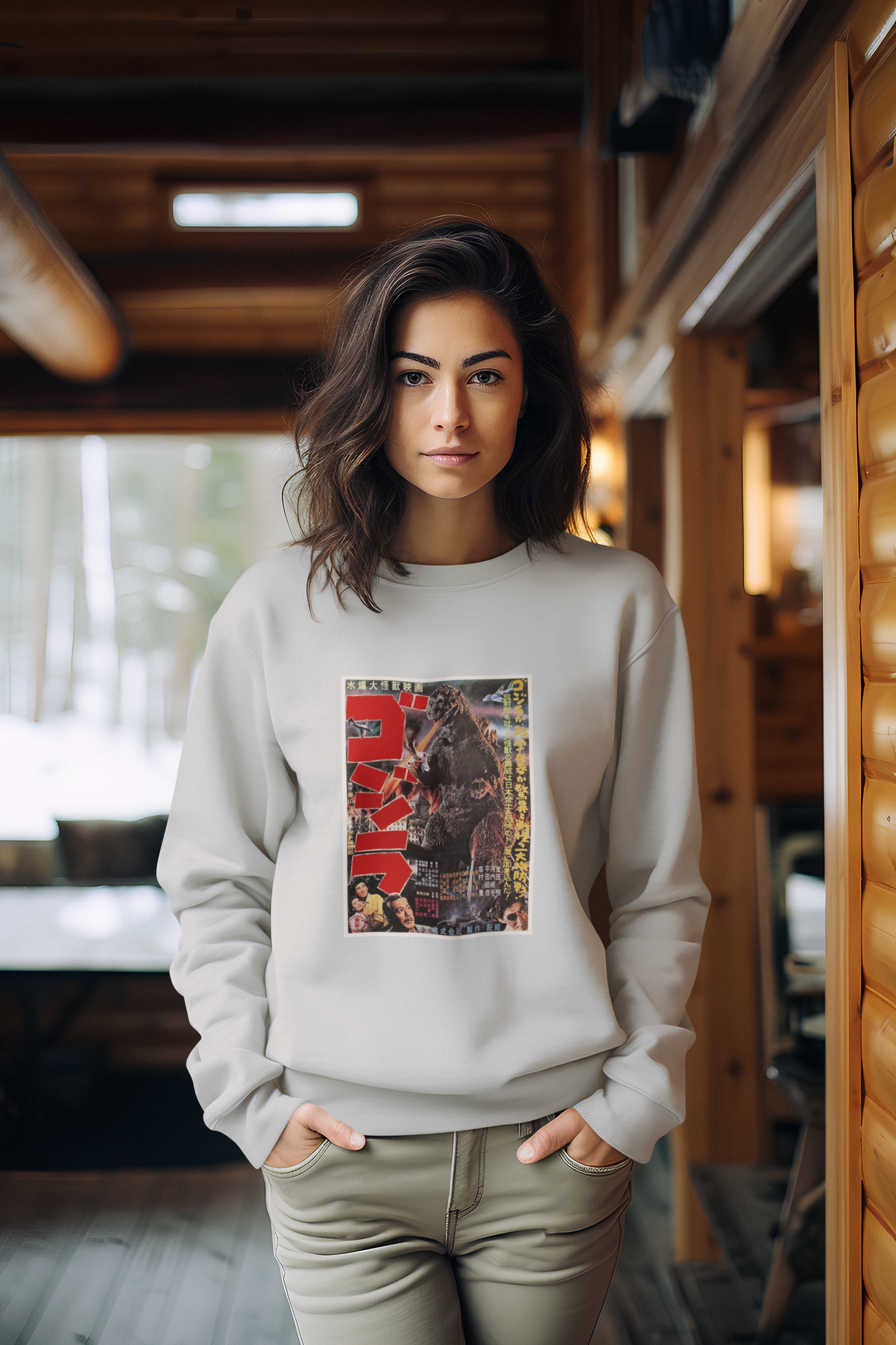 a picture of a woman wearing a grey japanese godzilla  sweatshirt