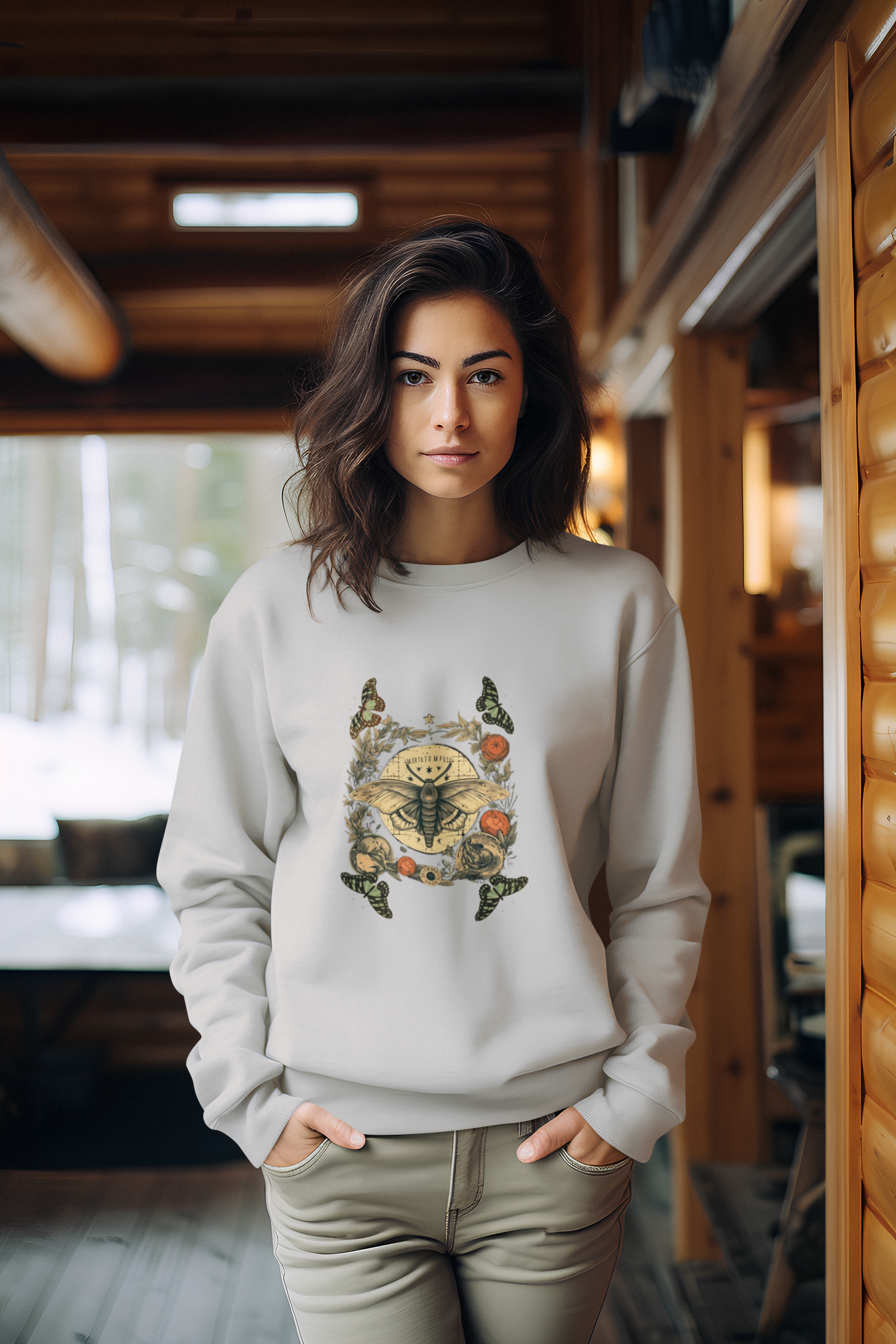 a picture of a woman wearing a grey Bohemian moth Sweatshirt