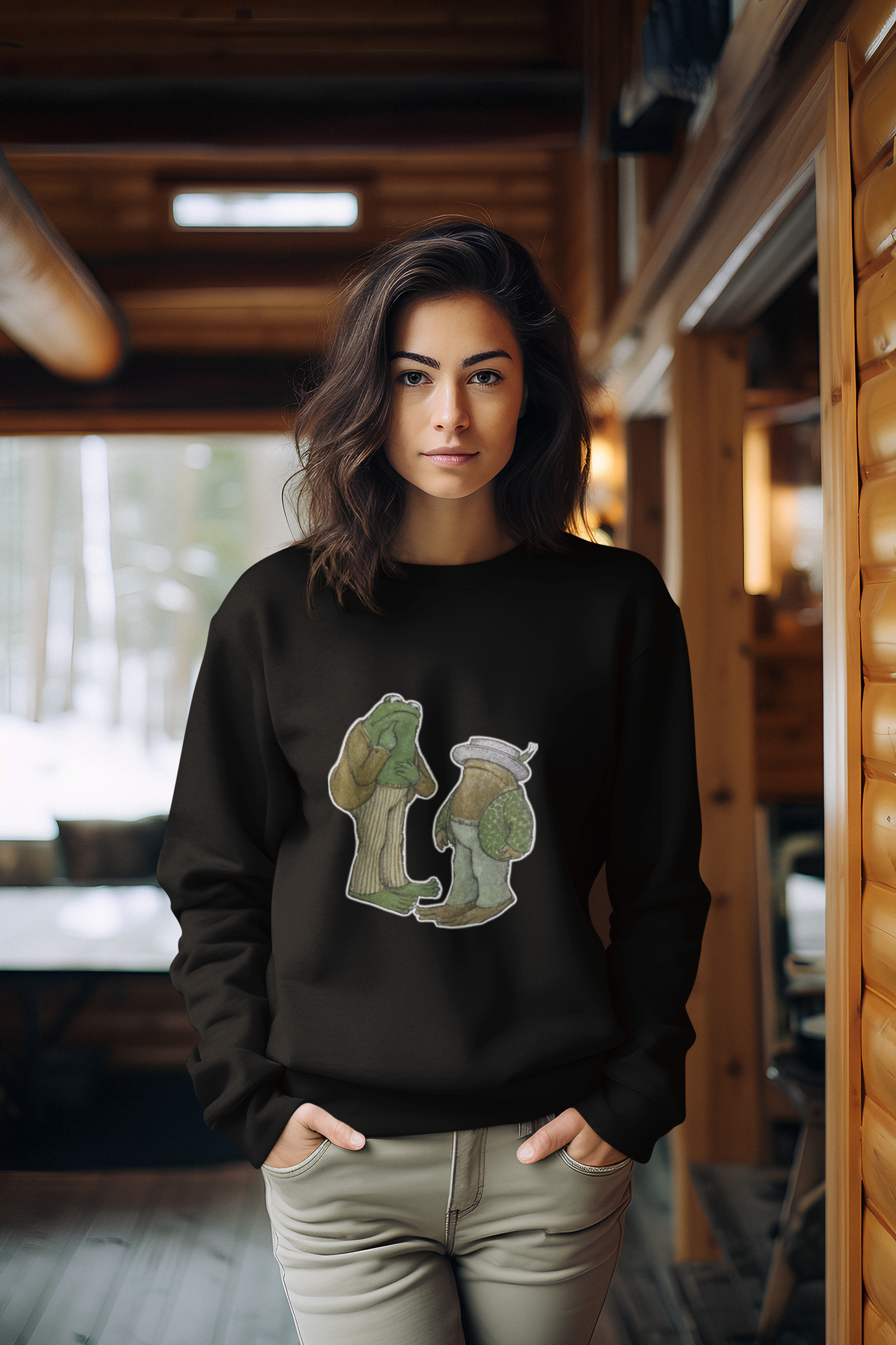 a picture of a woman wearing a black frog and toads sweatshirt