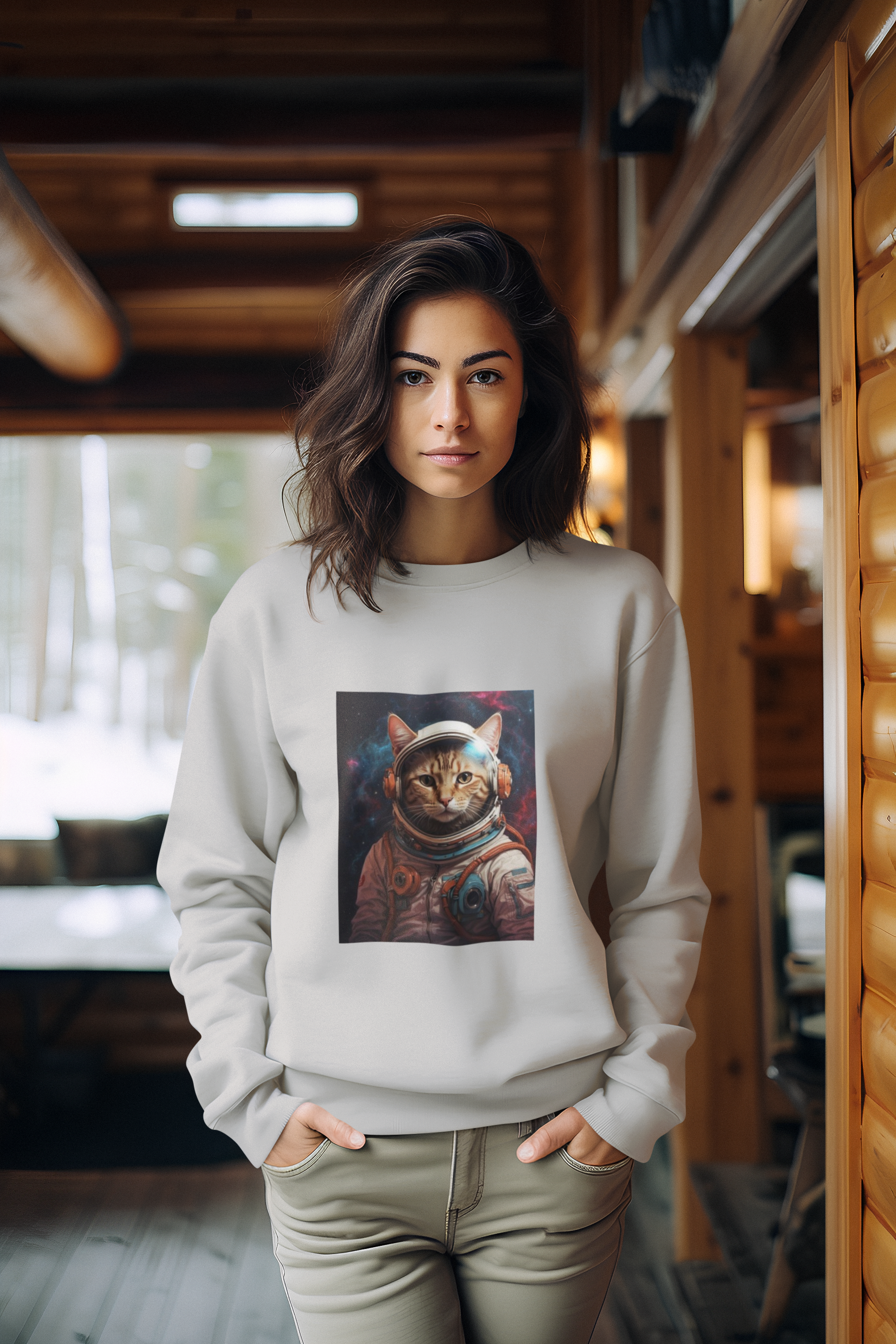 a woman wearing a grey space cat sweatshirt