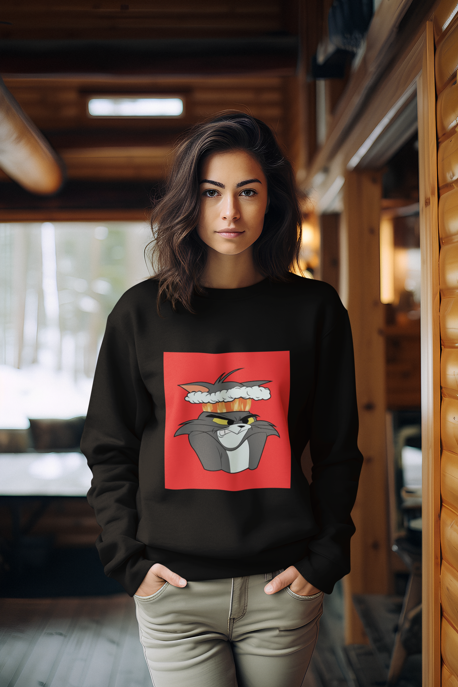 a picture of a woman wearing a black tom Cartoon from tom and gerry Sweatshirt