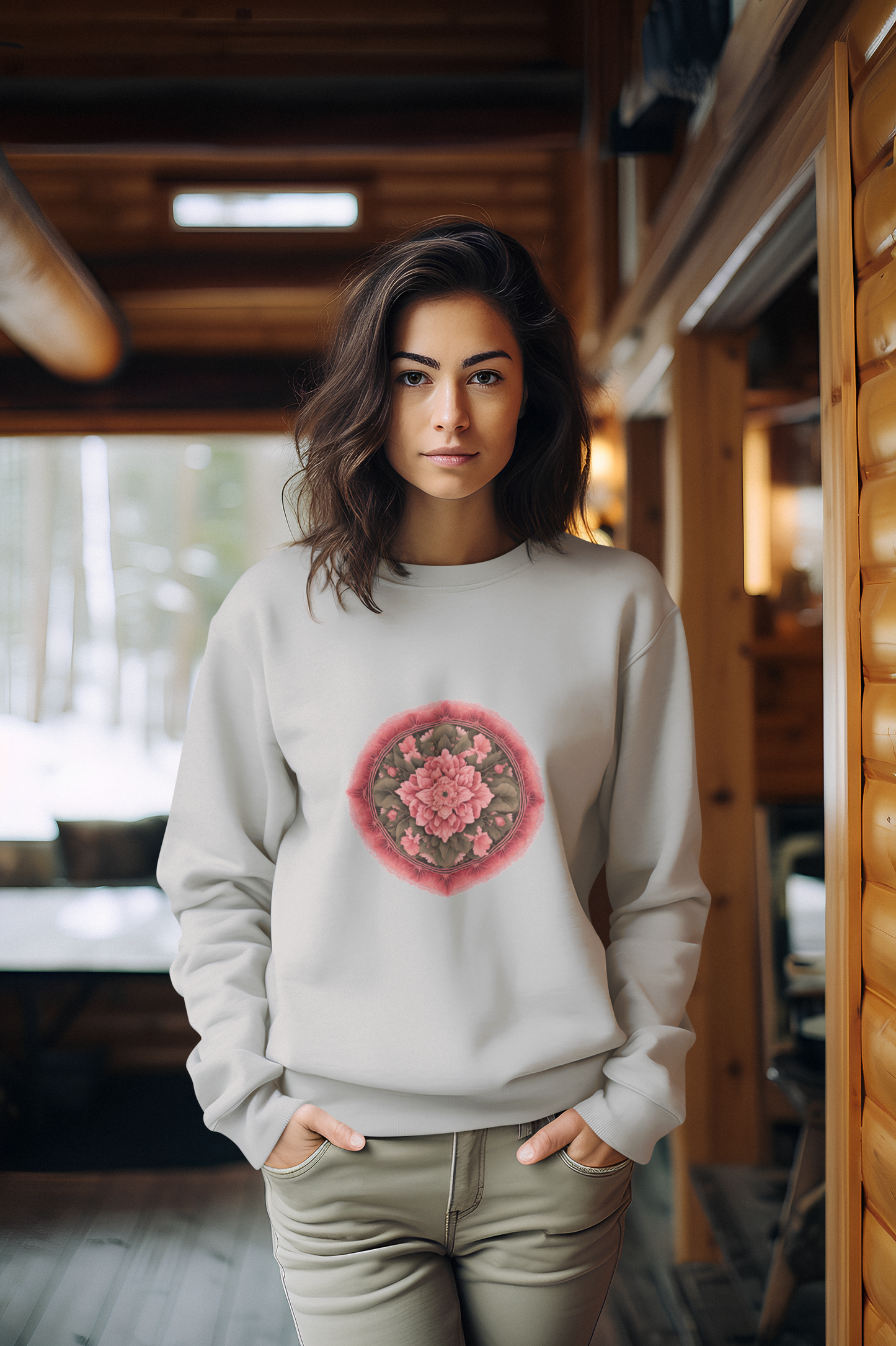 a woman wearing a grey mandela sweatshirt