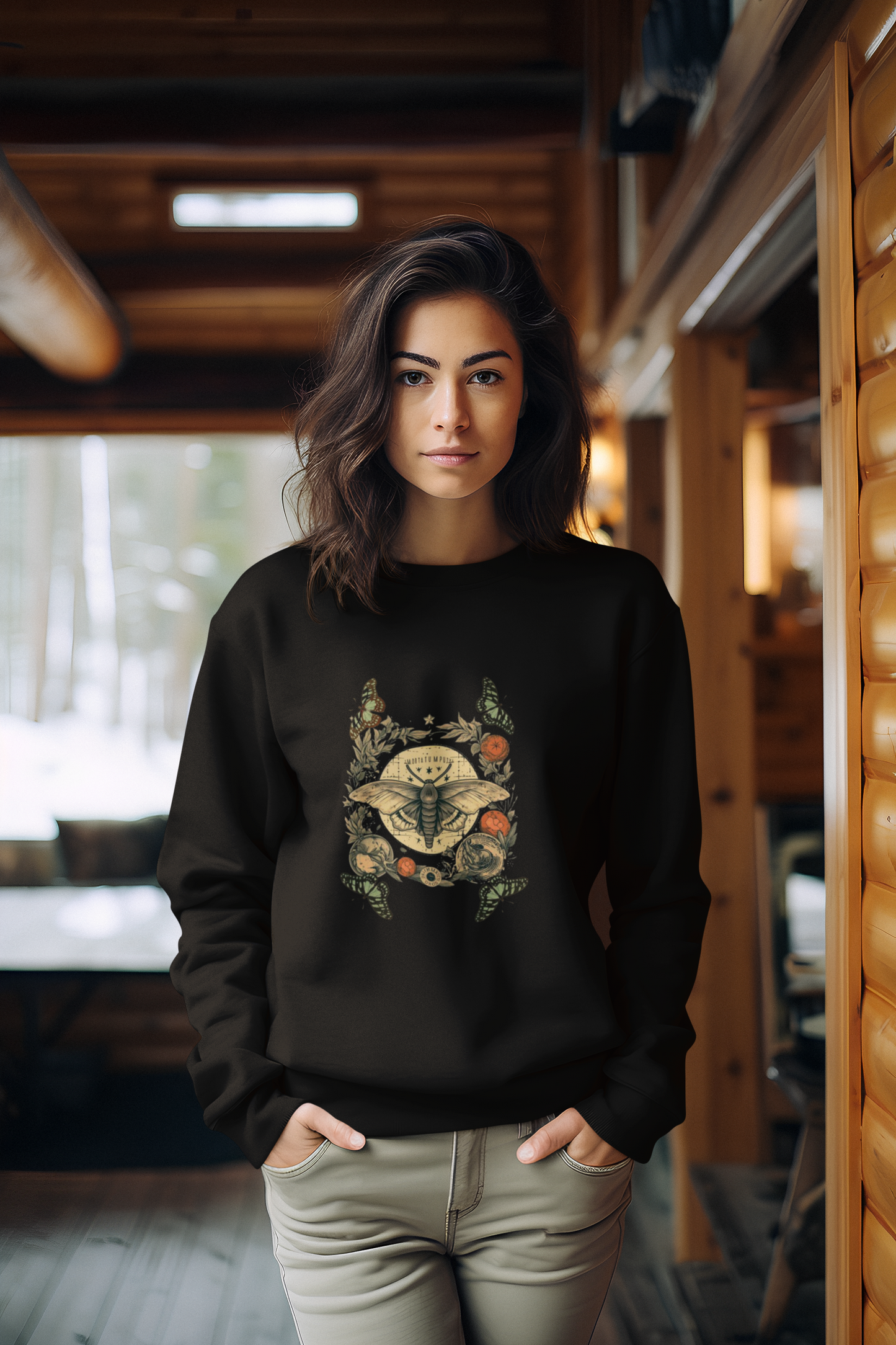 a picture of a woman wearing a black Bohemian moth Sweatshirt