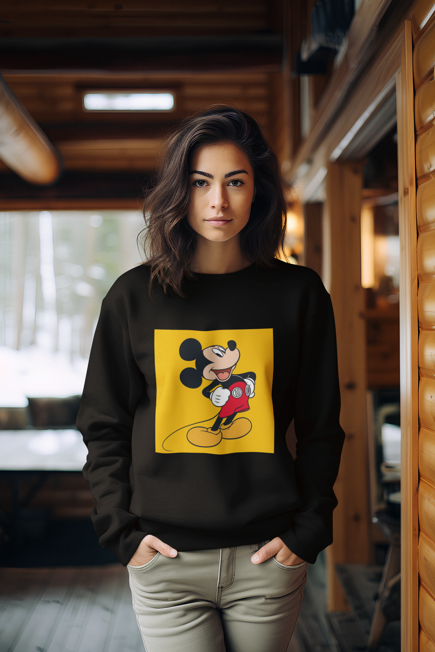 a woman wearing a black mickey mouse  sweatshirt