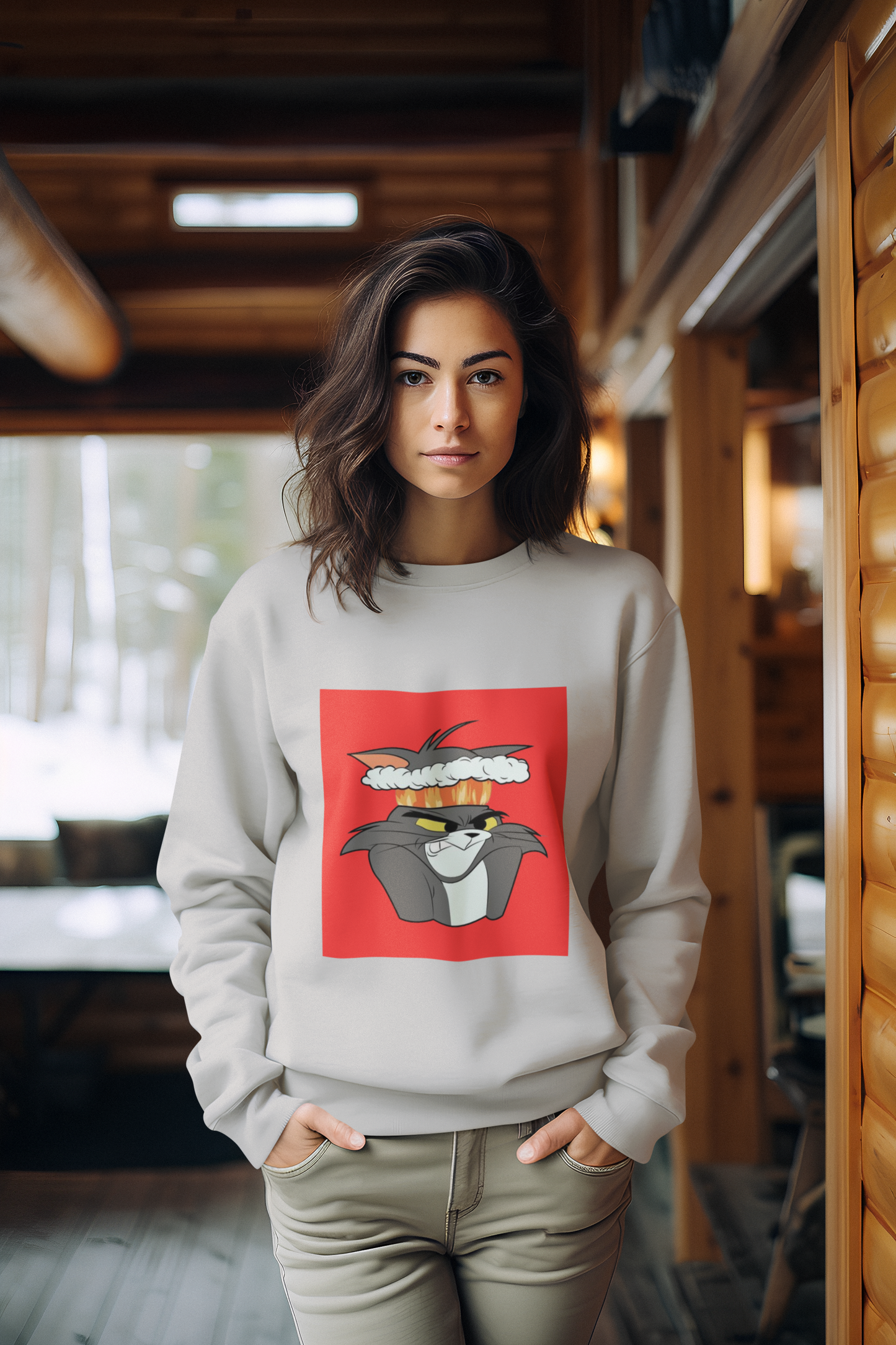 a picture of a woman wearing a grey tom Cartoon from tom and gerry Sweatshirt