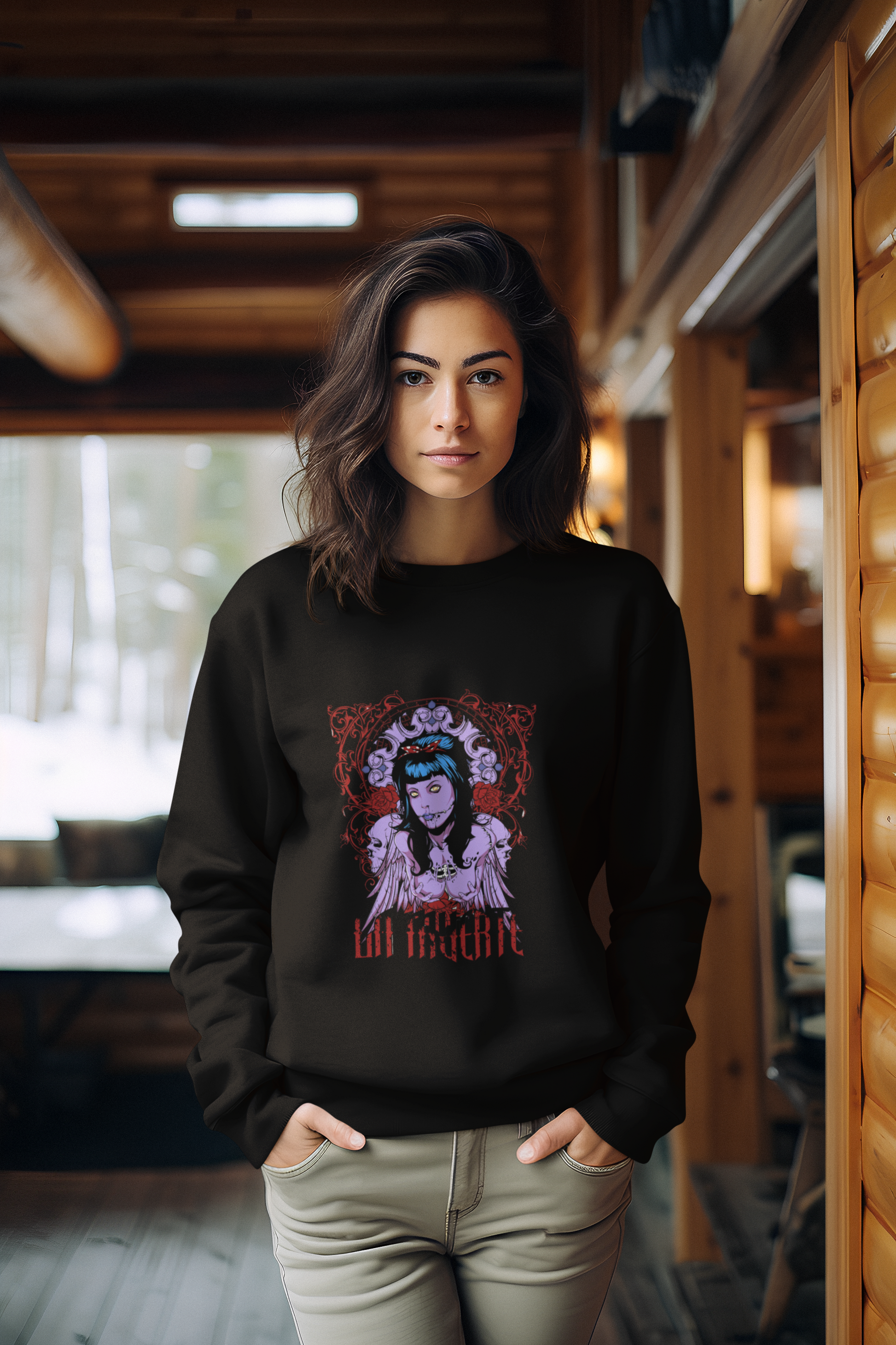 a woman wearing a black La Muerte sweatshirt