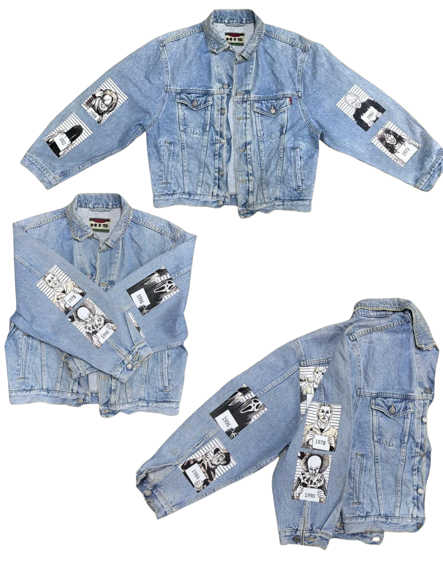 a pair of denim jackets with patches on them