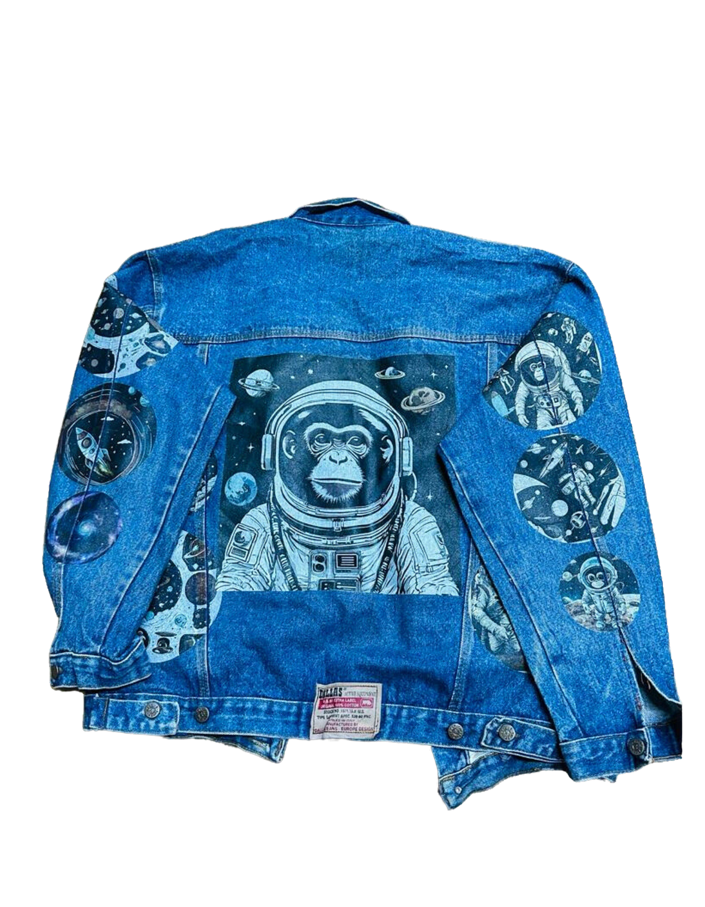a denim jacket with an astronaut monkey on it