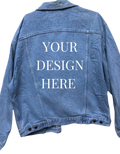 a blue jean jacket with the words your design here printed on it
