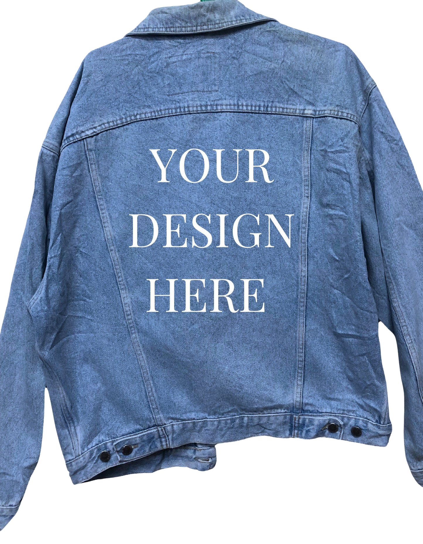 a blue jean jacket with the words your design here printed on it