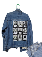 a jean jacket with pictures of people on it