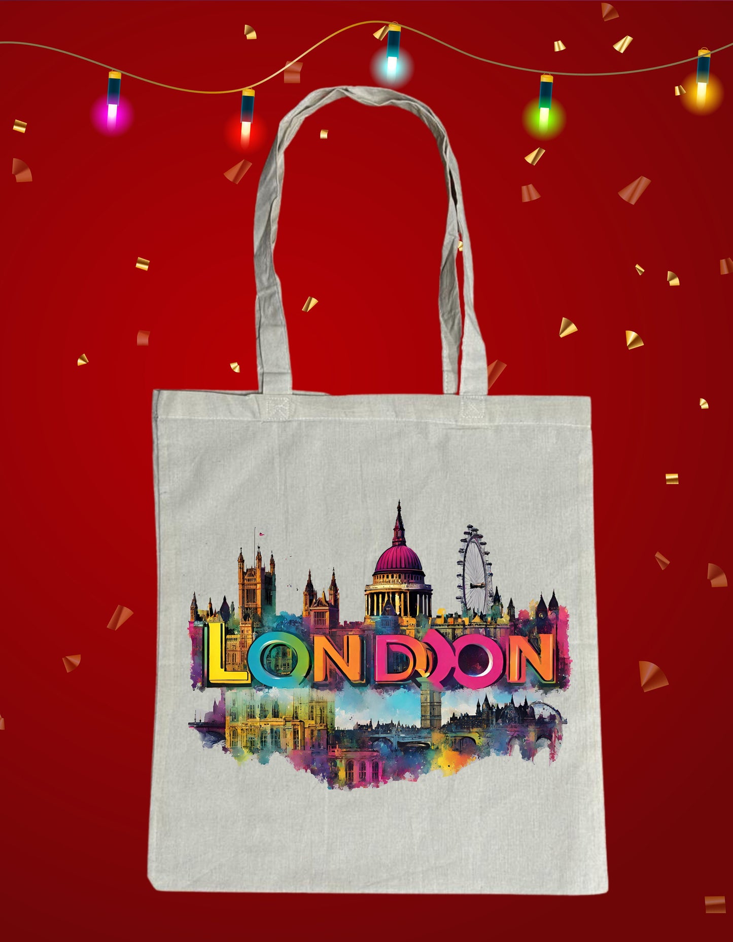 a shopping bag with the london skyline painted on it