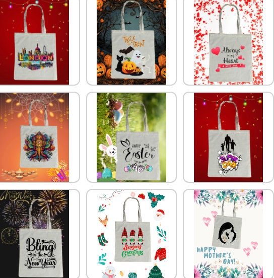 a bunch of bags with different designs on them