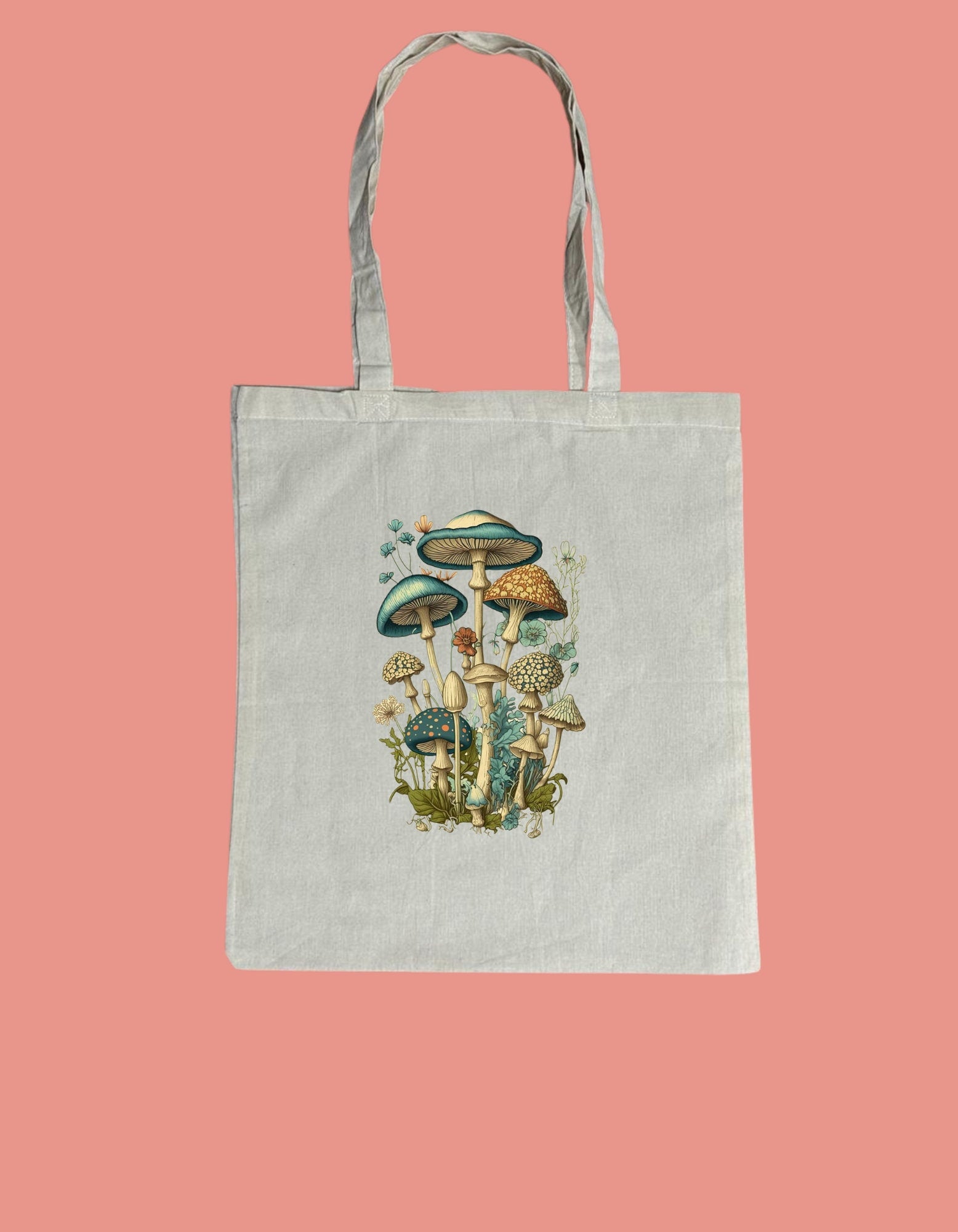 a tote bag with a picture of mushrooms on it