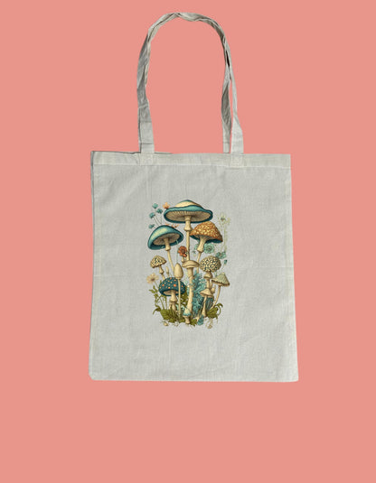 a tote bag with a picture of mushrooms on it